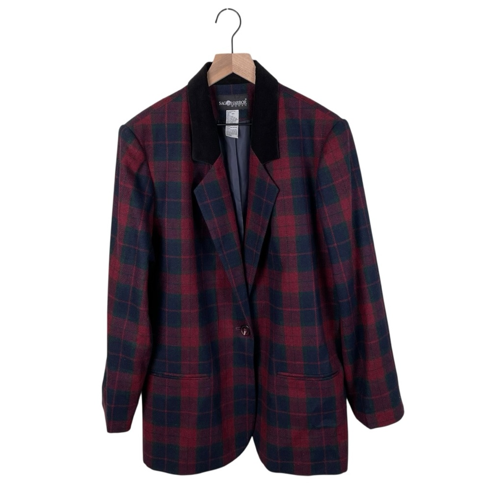 Vintage 90s Sag Harbor Tartan Plaid Wool Blazer Women's Size 18W Holiday Red